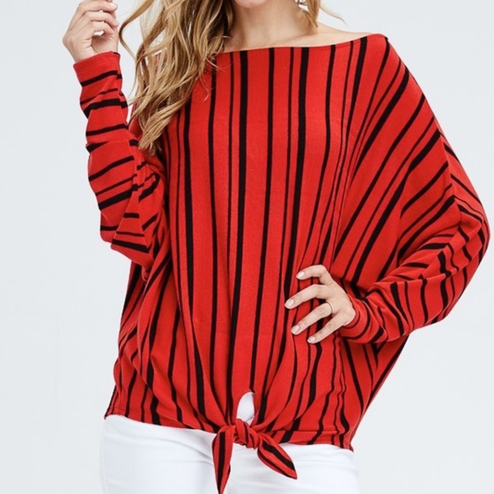 NWT Red & Black Striped Tie-Front Batwing Top